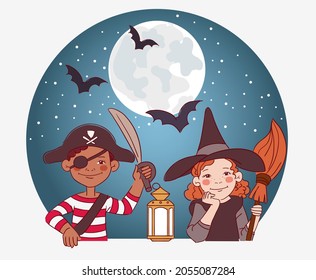 Cute kids in carnival costumes. Vector illustration. Boys and girls in Halloween costumes