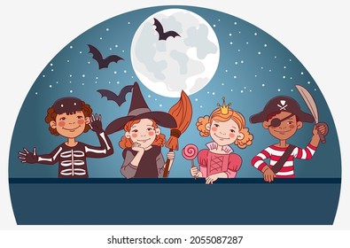 Cute kids in carnival costumes. Vector illustration. Boys and girls in Halloween costumes