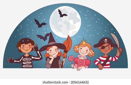 Cute kids in carnival costumes. Vector illustration. Children in Halloween costumes