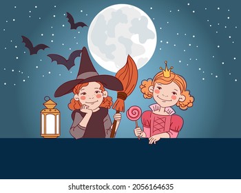 Cute kids in carnival costumes. Vector illustration. Children in Halloween costumes