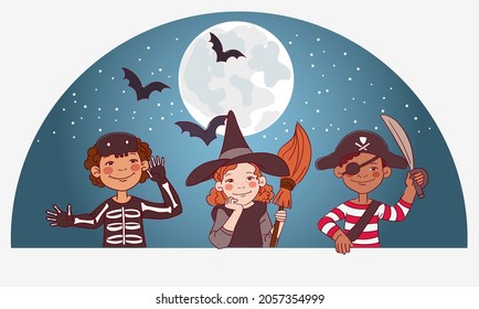 Cute kids in carnival costumes. Vector illustration. Children in Halloween costumes