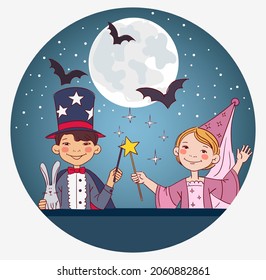Cute kids in carnival costumes. Vector illustration. Children in Halloween costumes