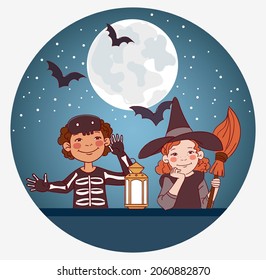 Cute kids in carnival costumes. Vector illustration. Children in Halloween costumes