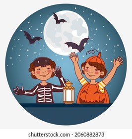 Cute kids in carnival costumes. Vector illustration. Children in Halloween costumes