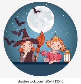 Cute kids in carnival costumes. Vector illustration. Children in Halloween costumes