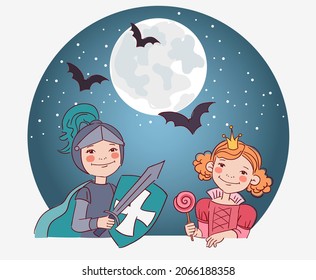 Cute kids in carnival costumes. Vector illustration. Children in Halloween costumes
