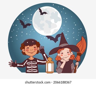 Cute kids in carnival costumes. Vector illustration. Children in Halloween costumes