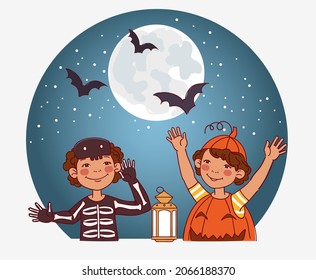 Cute kids in carnival costumes. Vector illustration. Children in Halloween costumes