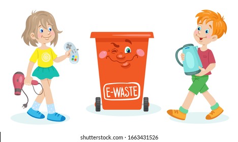 Cute kids carry broken electric appliances in the red dustbin for recycling. Waste sorting. Separate garbage collection. In cartoon style. Isolated on white background. Vector illustration.