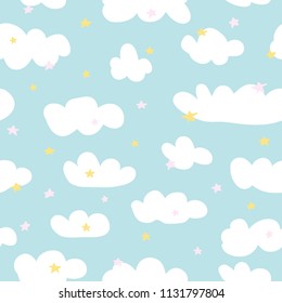 Cute kids cartoon clouds and stars seamless pattern background. Simple children's shower illustration pattern. Baby shower design.