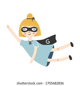 Cute kids cartoon flying ginger superhero girl. Vector illustration.
