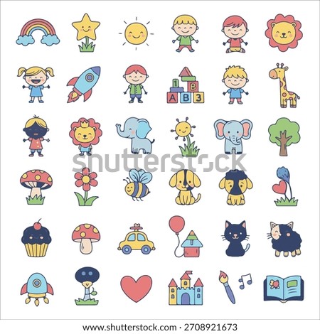Cute Kids Cartoon Icon Set — Colorful Doodle Characters, Animals, Toys and Illustrations for Children’s Designs