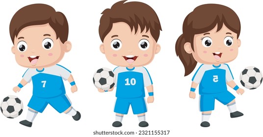 Cute kids cartoon playing soccer game sport