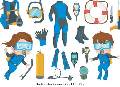 Cute kids cartoon with scuba diving equipment collection