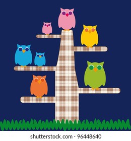 Cute kids cartoon with tree and owns
