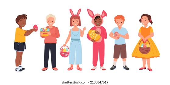 Cute kids celebrate Easter set vector illustration. Cartoon happy boys and girls holding eggs with patterns, funny little children carrying baskets isolated on white. Celebration, spring concept