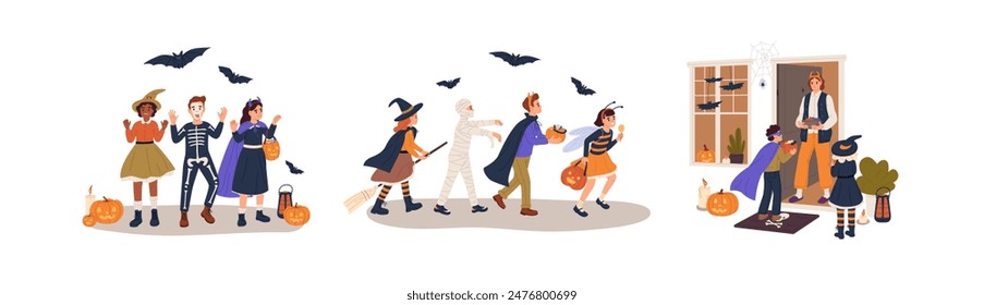 Cute kids celebrate Halloween set. Happy children in Helloween carnival costumes visit neighbors, trick and treats. Friends on holiday, masquerade party. Flat isolated vector illustrations on white