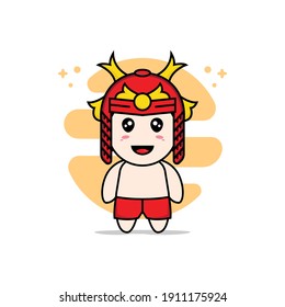 Cute kids character design wearing samurai helmet costume. Mascot design concept