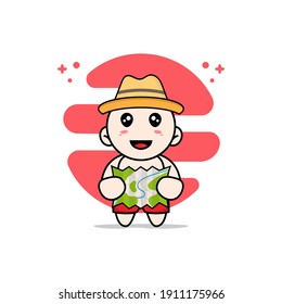 Cute kids character holding map. Mascot design concept