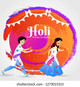 Cute kids character with holi colors on abstract brush stroke background. Can be used as greeting card design.