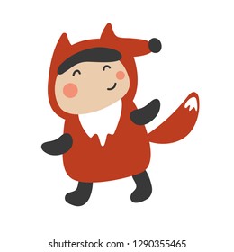 Cute Kids Character. Vector illustration kid wearing animal costumes. Fox costume child.