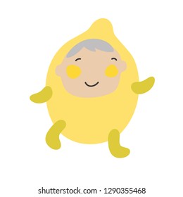 Cute Kids Character. Vector illustration kid wearing fruit costumes. Lemon costume child.