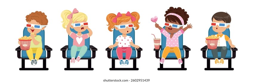 Cute Kids Character Watching Movie Sit on Chair in 3D Glasses Vector Set