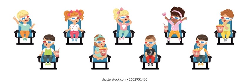 Cute Kids Character Watching Movie Sit on Chair in 3D Glasses Vector Set
