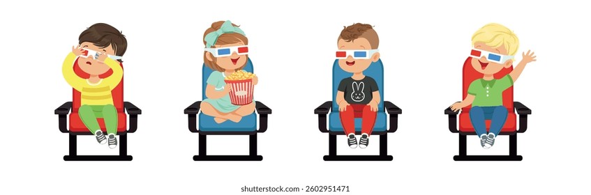 Cute Kids Character Watching Movie Sit on Chair in 3D Glasses Vector Set