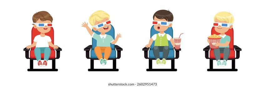 Cute Kids Character Watching Movie Sit on Chair in 3D Glasses Vector Set