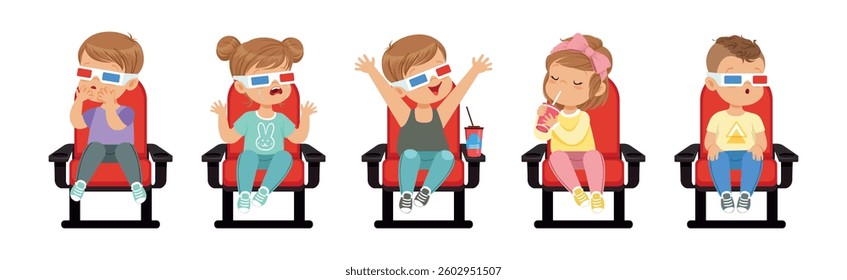 Cute Kids Character Watching Movie Sit on Chair in 3D Glasses Vector Set