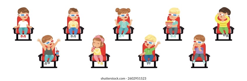 Cute Kids Character Watching Movie Sit on Chair in 3D Glasses Vector Set