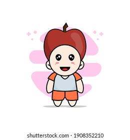 Caracter de niño lindo con disfraz de manzana. Concepto de diseño de mascota