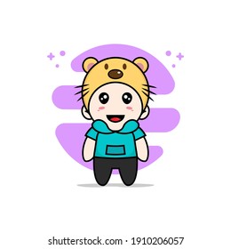Cute kids character wearing beaver costume. Mascot design concept