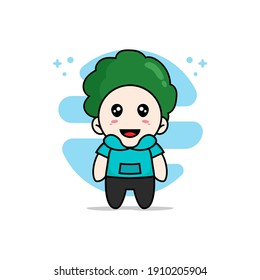 Cute kids character wearing broccoli costume. Mascot design concept