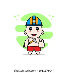 Cute kids character wearing builder costume. Mascot design concept