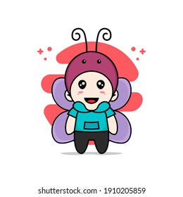 Cute kids character wearing butterfly costume. Mascot design concept