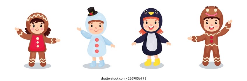 Cute Kids Character Wearing Christmas Costume Vector Set