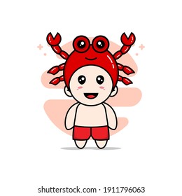 Cute kids character wearing crab costume. Mascot design concept