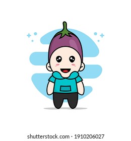 Cute kids character wearing eggplant costume. Mascot design concept