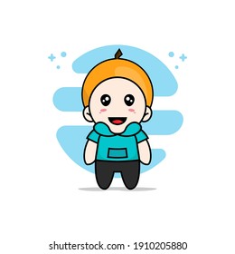 Cute kids character wearing orange costume. Mascot design concept