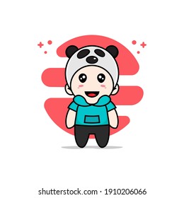 Cute kids character wearing panda costume. Mascot design concept