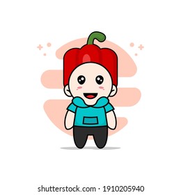 Cute kids character wearing Red paprika costume. Mascot design concept