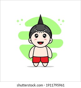 Cute kids character wearing shark costume. Mascot design concept