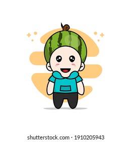 Cute kids character wearing watermelon costume. Mascot design concept