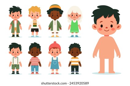 Cute kids characters different race and culture vector set. Collection of kindergarten, girls, boys, children happy smiling