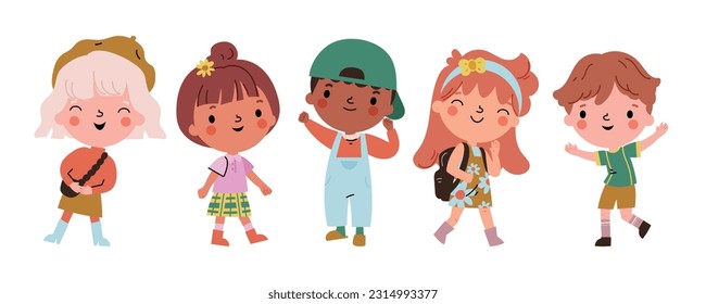 Juego de vectores de caracteres pequeños. Colección de jardines de infancia, niñas, niños, niños con diferentes poses, felices, sonrisas. Feliz ilustración internacional del día de los niños para la educación, de vuelta a la escuela.