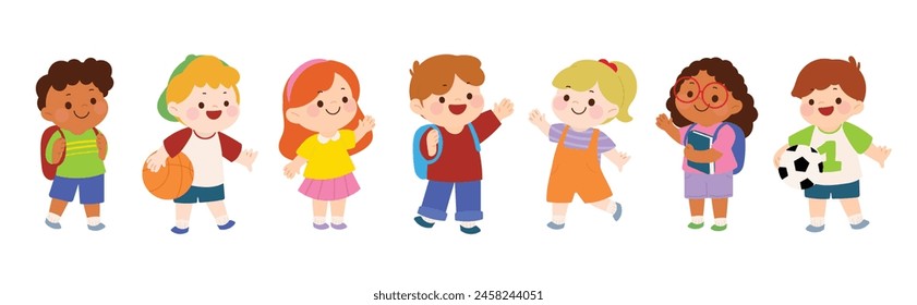 Juego de Vector de personajes lindos para niños. Colección de regreso a la escuela de kindergarten, niñas, niños, niños con diferentes poses, feliz, sonrisa. Volver a la escuela con los niños ilustración para la educación.