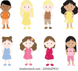Cute kids characters vector set. Collection back to School of kindergarten, girls, boys, children with different poses, happy, smile. Back to school with kids illustration for education.