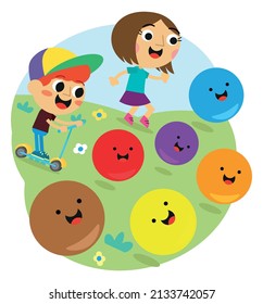 Cute kids chasing colorful emojis